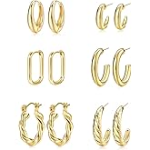 Gold Hoop Earrings Set for Women, 6 Pairs 14K Gold Plated Lightweight Hypoallergenic Chunky Open Twisted Hoops Earrings Pack Jewelry