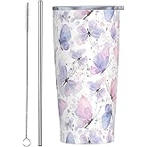 JASROTAO Pink Purple Butterflies Tumbler,Butterflies 20oz Stainless Steel Insulated Travel Tumblers,Travel Coffee Mug with Lid and Straw Water Bottle Drink Tumbler Cups Gifts for Women Men Lovers