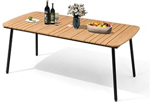 PATIOHIT Outdoor Dining Table 70" Patio Table with Umbrella Hole for 6 Brown Rectangle Table with Aluminum Frame and Waterproof Wood-Like Tabletop for Lawn Backyard Garden Poolside