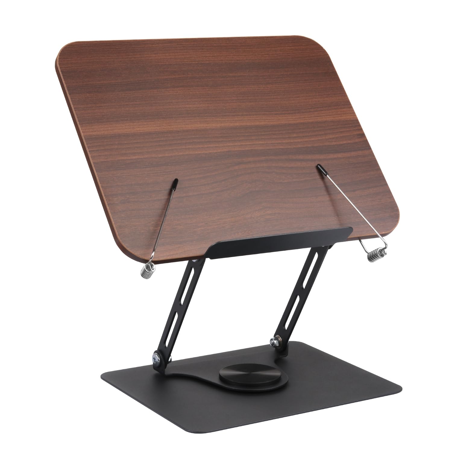 Wooden Book Stand for Reading, 360° Adjustable Book Holder Foldable Recipe Cook Book Stand for Kitchen Book Display Stand with Elastic Page Clips for Laptop Magazine Document Music Sheet Stand (Brown) — image 1