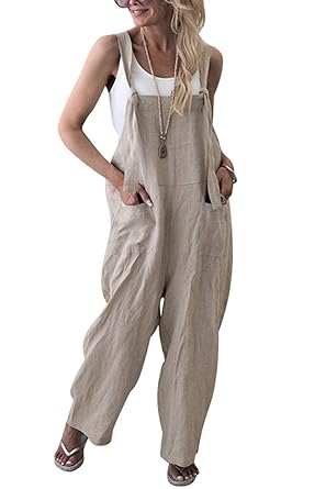 VEVESMUNDO Damen Sommer Latzkleid Kochschürze Leinenkleid Baumwolle Lang Ärmellos Playsuit Romper Loose Jumpsuit Locker Kleid
