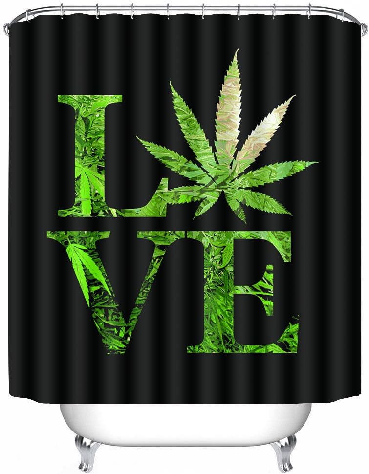 POPS AMERICA Mildew Resistant White bath curtains 72" X 72" - LOVE Marijuana Weed Leaf Shower Curtain Liner - Waterproof Polyester Fabric Bathroom Decor Set With 12 Hooks