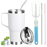 GUDEMAO 20 oz Tumbler with Handle, Stainless Steel Insulated Tumbler with Lid and Straw, Double Wall Vacuum Coffee Mug Tumbler, Insulated Coffee Thermal Cup for Cold and Hot (White)