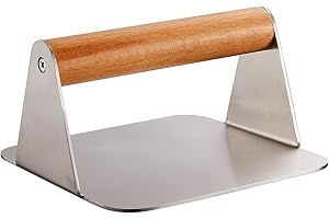 yoopin Stainless Steel Burger Press-5.6" Square Type Smash Burger Press-Wooden Handle for Flat Top Grill Cooking,Grill Accessories for Steak Making，Prevent Rust and Easy to Clean.