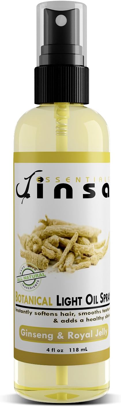 Jinsa Essentials | Botanical Light Oil Spray | 100% Natural Vegetable Ingredients | Moisturizes Hair Without Build-Up Adds A Beautiful Shine | Leaves A Wonderful Scent (4oz. Ginseng Royal Jelly)