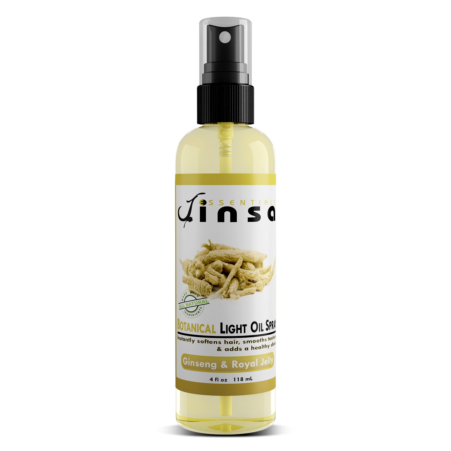 Jinsa Essentials | Botanical Light Oil Spray | 100% Natural Vegetable Ingredients | Moisturizes Hair Without Build-Up Adds A Beautiful Shine | Leaves A Wonderful Scent (4oz. Ginseng Royal Jelly)