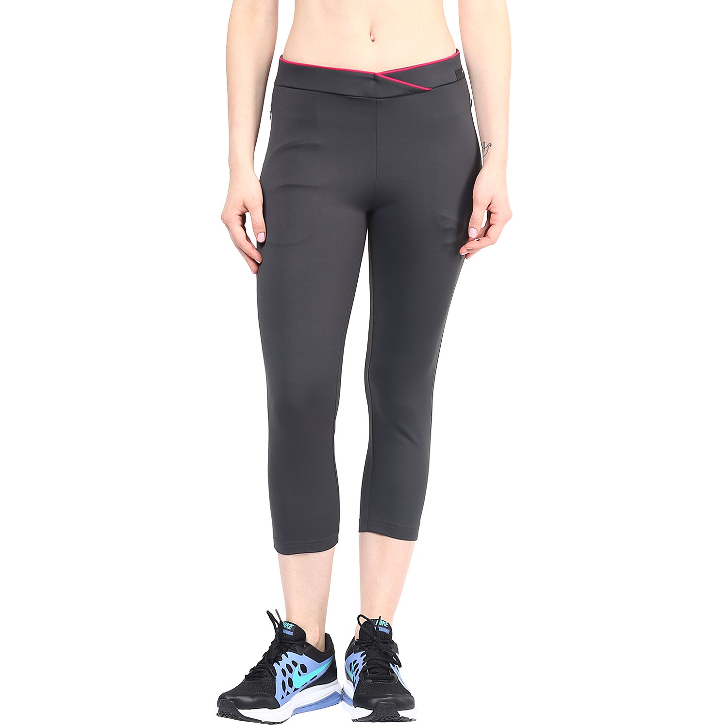 berge'' women's slim fit metallic grey 3/4ths with a cross waist and grey piping.