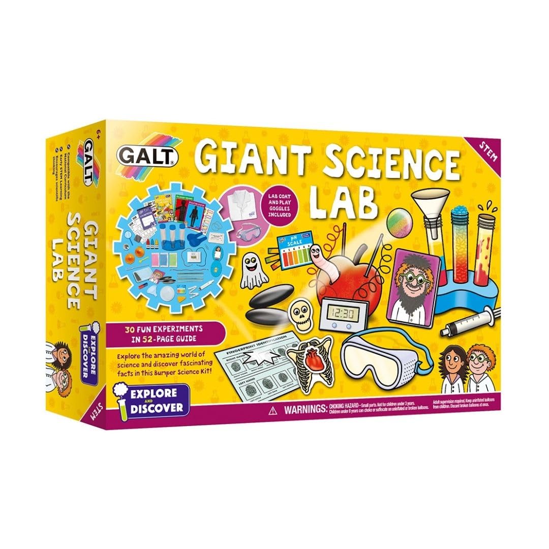 Galt Giant Science Lab - Explore and Discover XL Science Kit for Kids, Childrens Craft Set, Guide Book and Lab Coat - 30 Fun STEM Science Experiments - Chemistry, Biology and Physics - For Ages 6 Plus