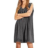 CHARTOU Women Vintage Mini Denim Dress Striped Sleeveless Jean Dress Short Smocked Dress Shift Dress Drawstring