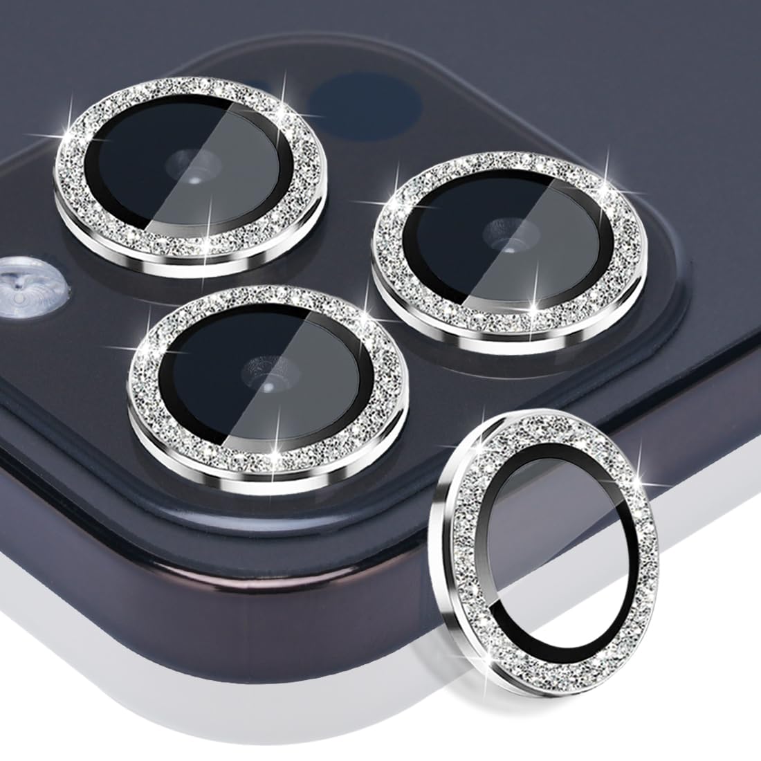 Rayorcon Camera Lens Protector for iPhone 15 Pro & iPhone 15 Pro Max, Tempered Glass Lens Protector Aluminum Alloy Ring Camera Cover Fits for iPhone 15 Pro/iPhone 15 Pro Max (Glitter Silver)