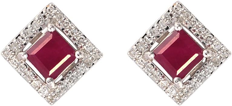 9ct White Gold Square Ruby and Diamond Stud Earrings