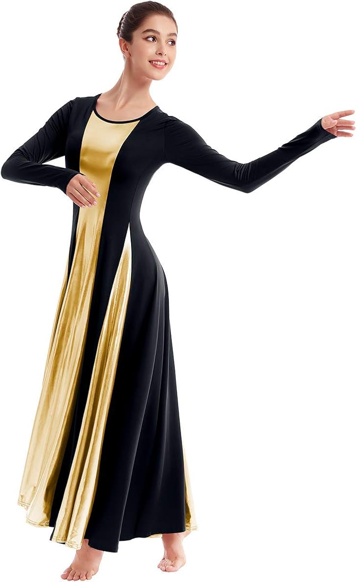 IBAKOM Womens Liturgical Praise Lyrical Dance Dress Loose Fit Full Length Metallic Color Block Long Sleeve Worship Costume: Clothing