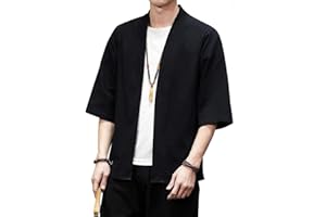 PRIJOUHE Men's Kimono Jackets Cardigan Lightweight Casual Cotton Blends Linen Seven Sleeves Open Front Coat Outwear