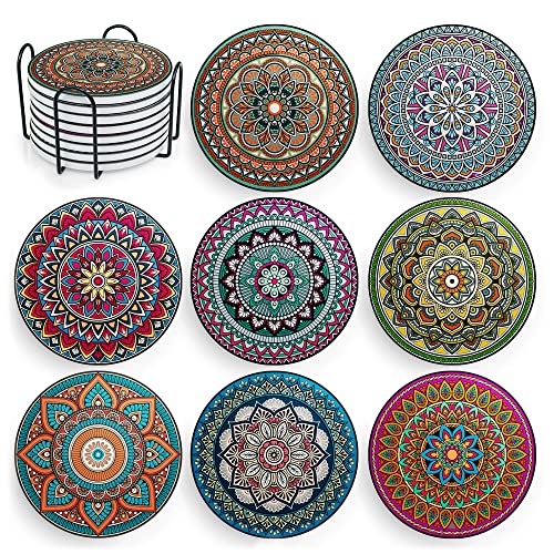 Mandala Drink Coasters with Holder - 8 Set Ceramic Boho Coaster for
