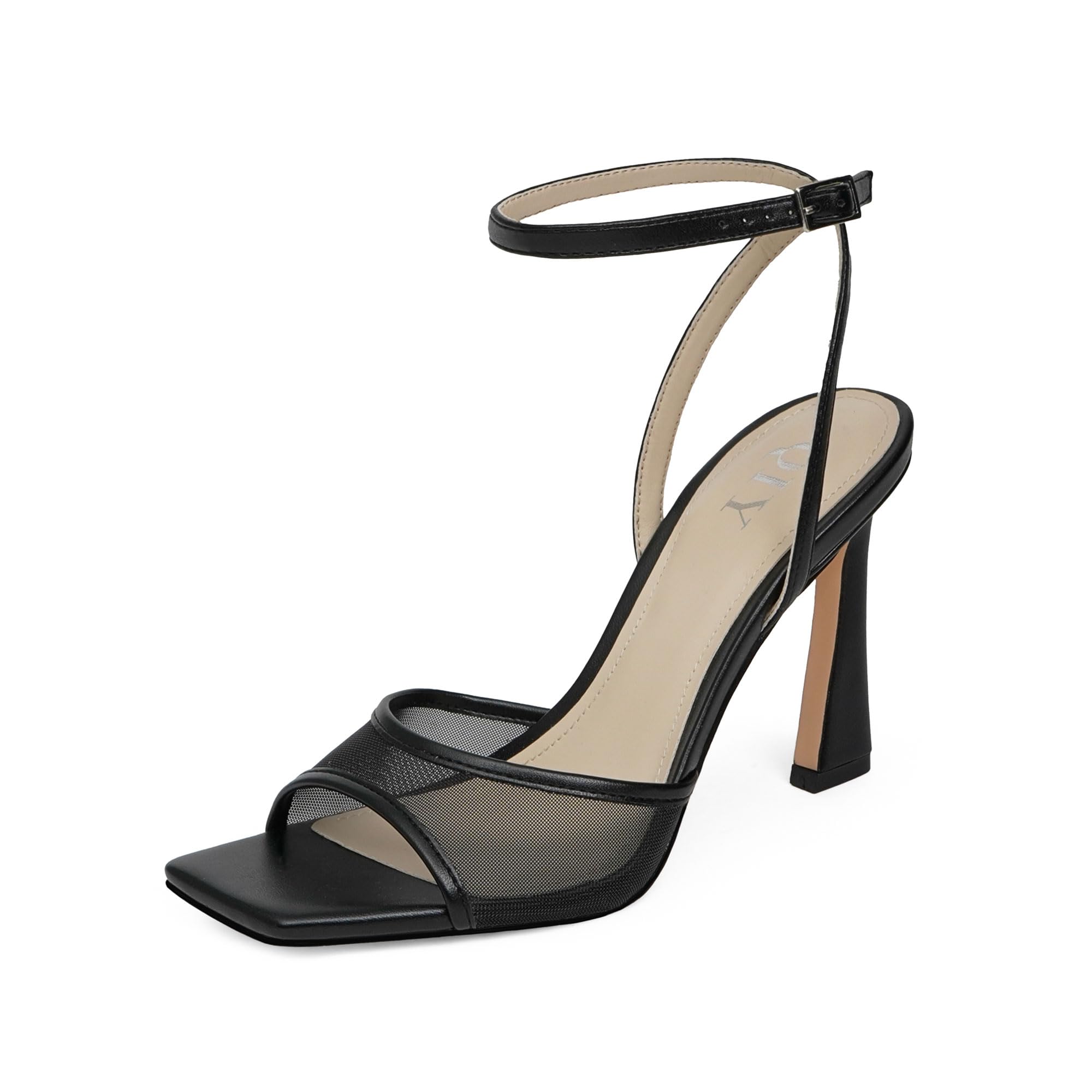 Photo 1 of QIY Womens Heels Black Strappy Mesh Heels 3 Inch Stiletto High Heel Open Square Toe Heel Faux Leather Black Heeled Sandals Wedding Dress Shoes Size 8.5