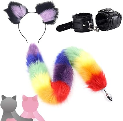 Amazon Com Halloween Party Toys Long Rainbow Role Play B U T T P L ǔ G Fox Tail H ǎ N D C ǘ F F S Ears Headband 3pcs Black Purple S Health Personal Care