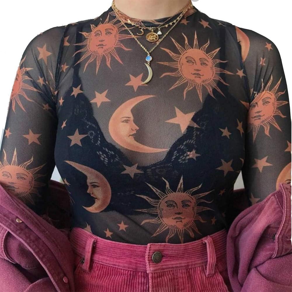 ULIAN Women's Long Sleeve Sheer Mesh Blouse Sun Moon Stars Little Angel Printed Slim Fit Sexy Top (Black,L)