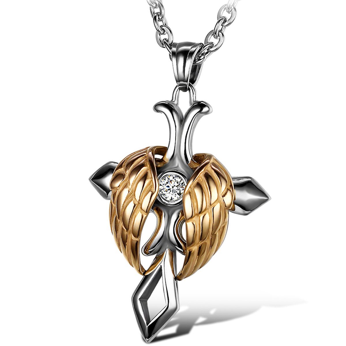 Oidea Cross Necklace for Men Women, Religious Angel Wing Celtic Cross Pendant Stainless Steel Pendant Necklace, Gold (with Gift Bag)