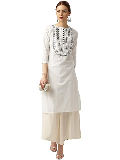 Women Cotton Straight Embroidery Kurti(White)
