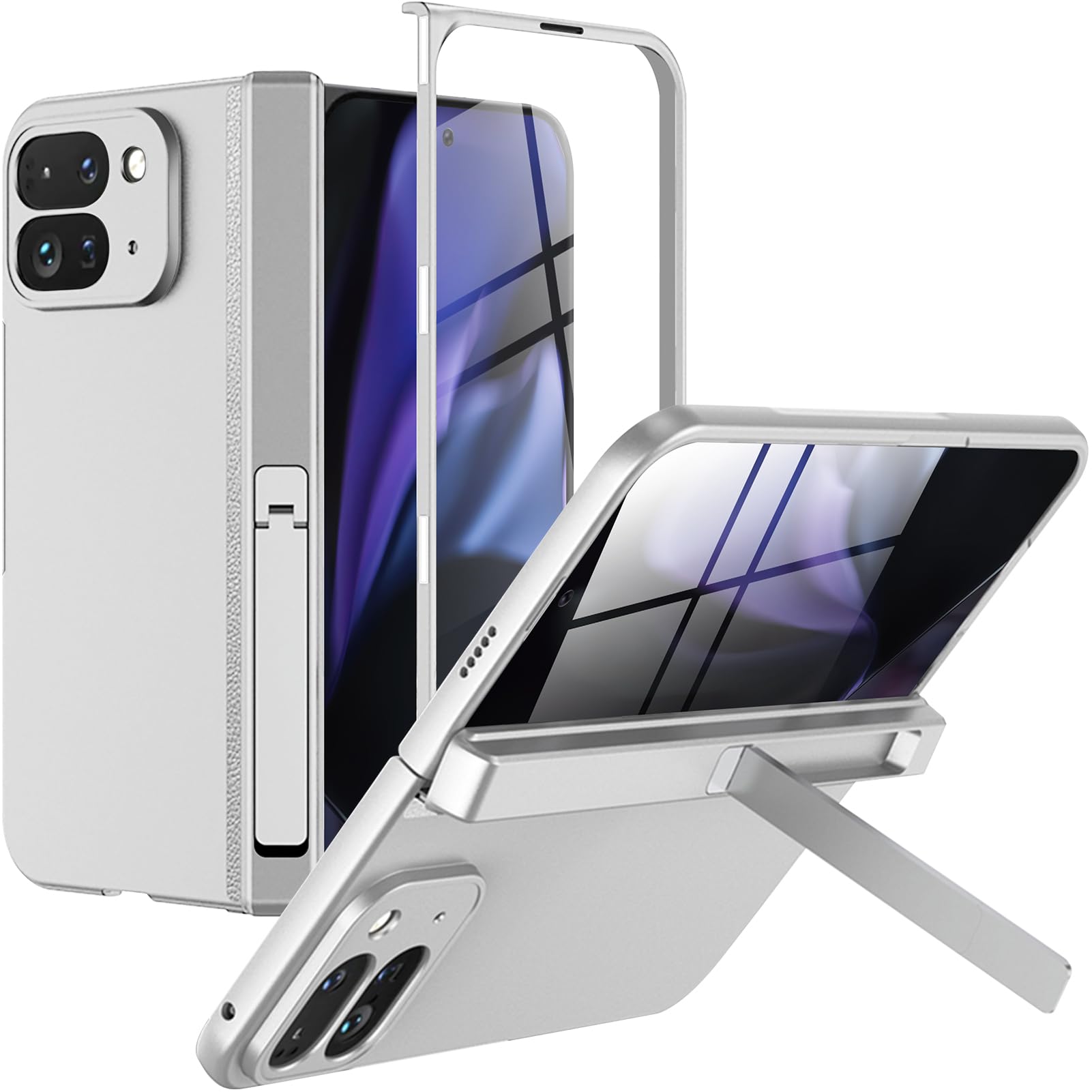 Miimall for Google Pixel 9 Pro Fold Case with Hinge Protection, Pixel 9 Pro Fold Case with Built-in HD Screen Protector & Kickstand, Hard PC Slim Anti-Drop Hinge Cover for Pixel 9 Pro Fold 2024-Silver