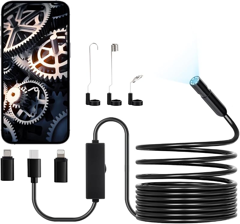 Caméra Endoscopique avec Câble Semi-Rigide 5 m, Endoscope HD 1920p pour Android et iOS, avec 8 Lumières LED Réglables, Zoom, Étanche IP67, Caméra Serpent d'Inspection pour Automobile, Plomberie