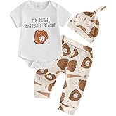 Mobbdow My First Baseball Season Baby Boy Outfit Newborn Letter Print Short Sleeve Romper Baseball Pants Hat 3Pcs Outfits Set