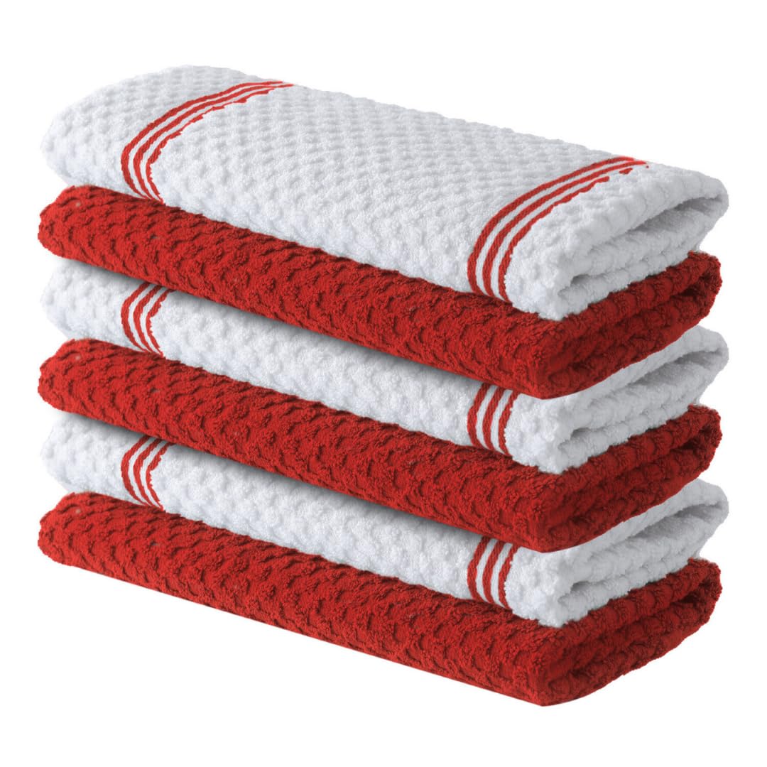 Infinitee Xclusives Premium Tea Towels | Pack of 6 | 100% Cotton |38 x 64 cm| Ultra Soft & Highly Absorbent Terry Dish Towels for Kitchen, Bar & Daily Household Cleaning Use |Passionate Red|