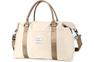 HYC00 Travel Duffel Bag for Women, Sports Tote Gym Bag, Shoulder Weekender Overnight Bag with Wet Pocket & Trolley Sleeve,Light Beige & Brown