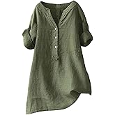 Boho Linen Shirts for Women 2026 Short Sleeve V-Neck Button Loose Fit Blouses Vacation Dressy Casual Tunic Tops