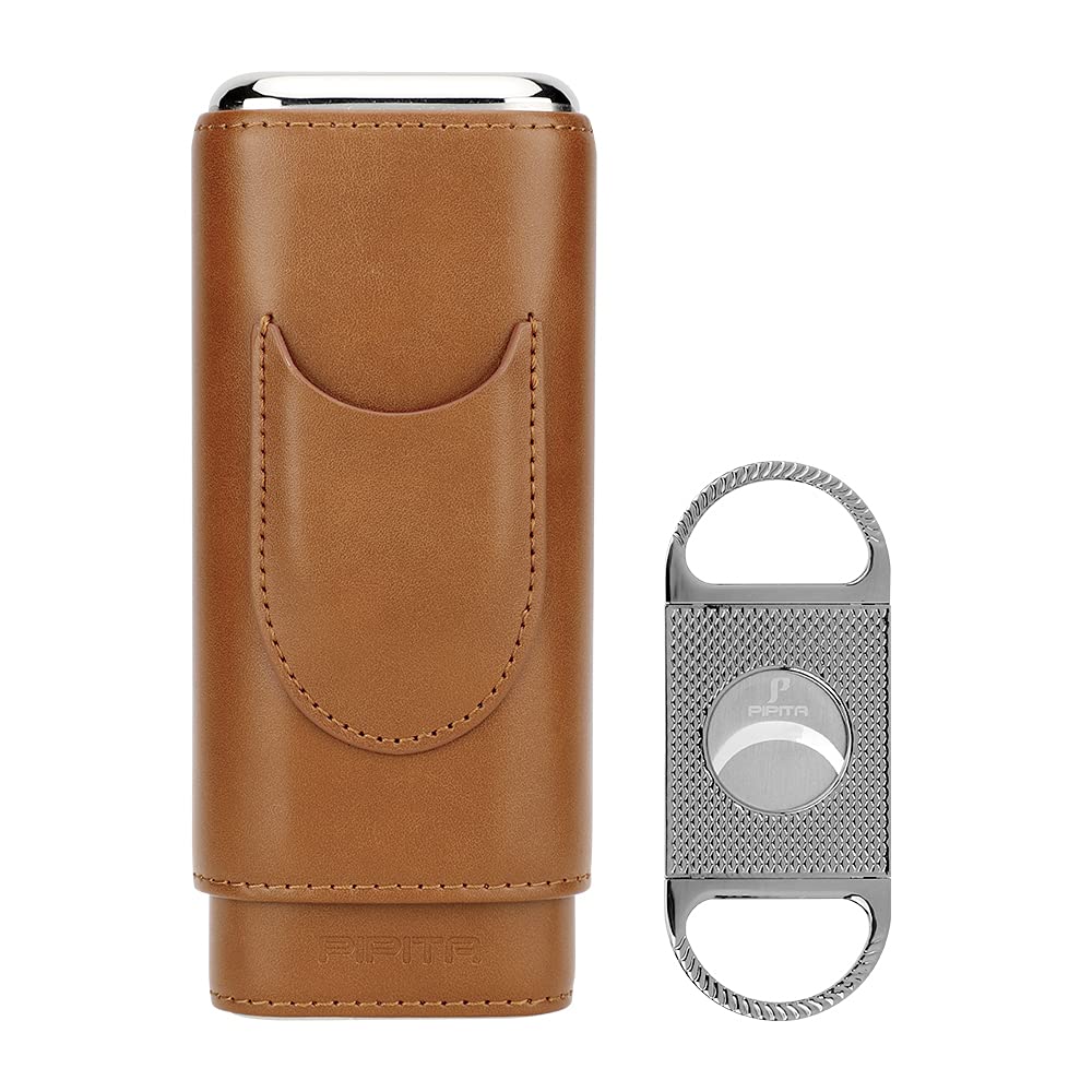 PIPITA Cigar Case Portable Travel 3 Tubes Elegant Leather Cigar Humidor with High-end Stainless Steel Cigar Cutter Portable Gift Bag (Brown)