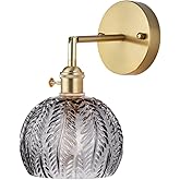 Cerdeco Vintage Wall Sconce with Grey Leaf Glass Shade,180°Adjustable Arm and Golden Base,Modern Indoor Wall Light Lighting f
