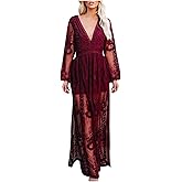 Women's Deep V Dresse, Women Lace Crochet Long Sleeve Long Dress See-Through Slit Maxi Dress for Photos Party Dresses