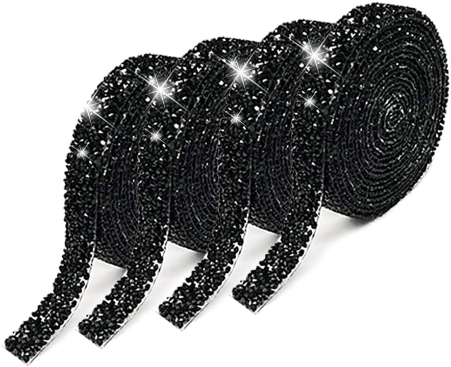 Zayejod 4 Rolls Black Resin Rhinestone Ribbon Self-Adhesive 10mm