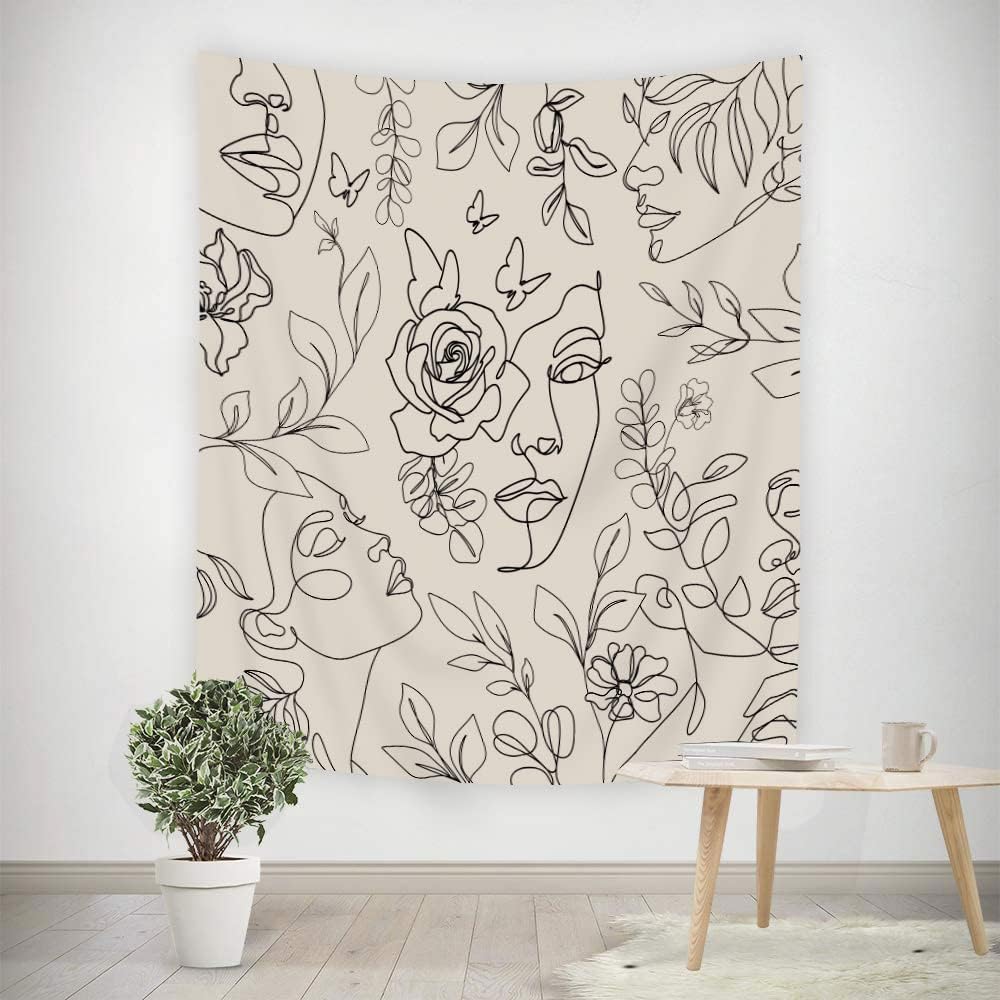 Tapestries - SVBright Abstract Woman Face Tapestry 51Wx59H Inch Floral Leaves Butterfly Art Line Lady Beige Black Flower Aesthetic Modern Sketch Minimalist Simple Wall Hanging Bedroom Living Room Dorm Decor Fabric