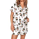 VKEGNIO Womens Pajamas Set Short Sleeve Button-Down 2 Piece PJ Set Lounge Sleepwear Cute Graphic Tees PJ Set