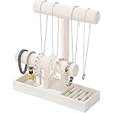 Coward 2 Tier Necklace Bracelet Holder Organizer With ring Tray, Multi-use Jewelry Display Stand For Necklace Bracelet Bangle Watch Scrunchie (Beige/no Lid)