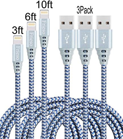Frieso 3IN1 Nylon Braided Lightning to USB Charging Cable (3+6+10)ft for iPhone 7 7plus,6s 6 Plus, 5s 5c 5,SE, iPad Pro, Air 2, iPad mini 4 3 2, iPod touch 5th gen 6th gen nano 7th gen (Gray Blue)