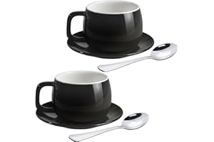 ionEgg Porcelain Coffee Cup with Saucers and Spoons 270ml/9oz for Latte, Cappuccino and Tea, Black, Set of 2