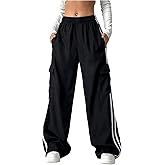 RoseSeek Girl's Side Striped Cargo Pants Y2K Elastic Waist Wide Leg Baggy Track Pants