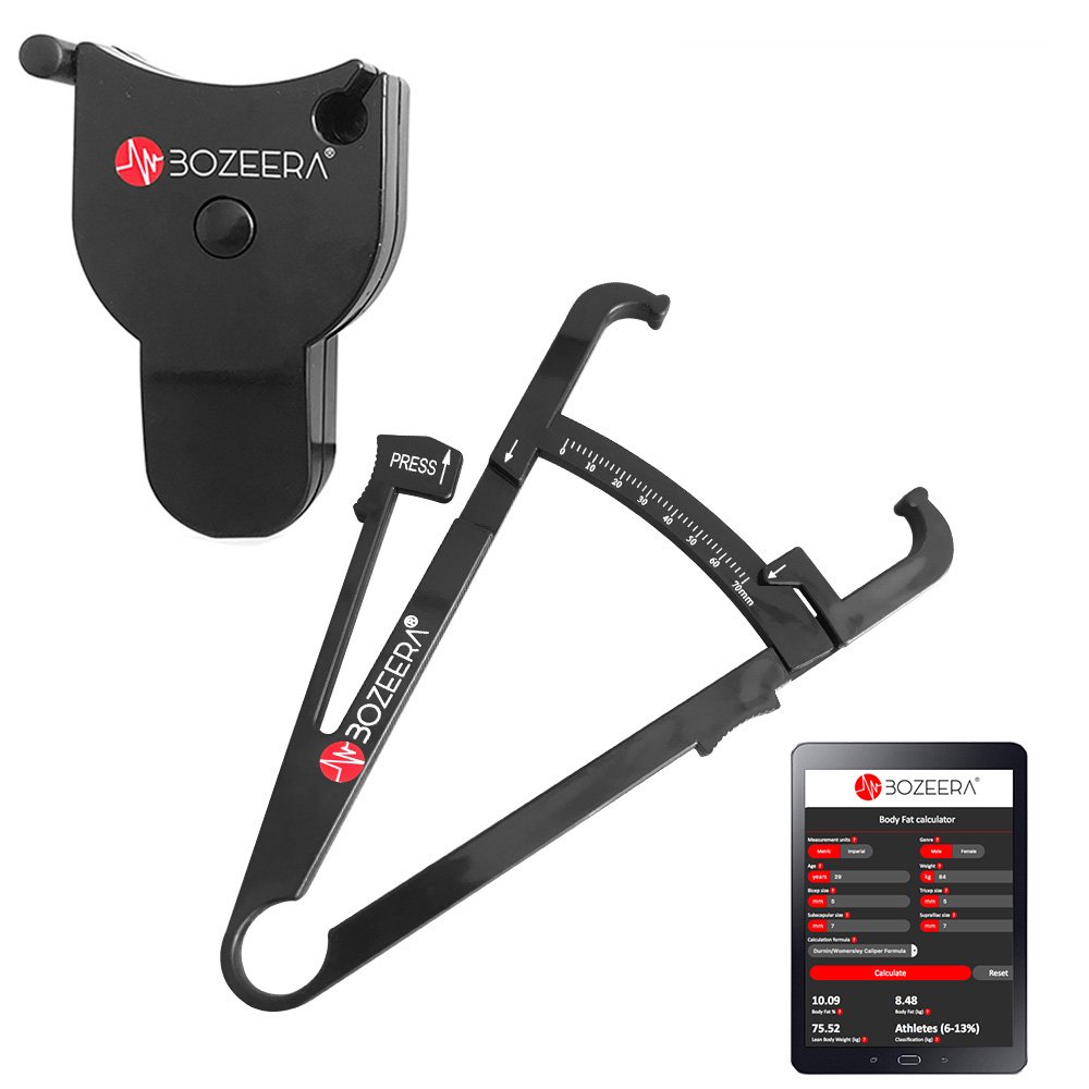 [BODY FAT CALIPER AND BODY MEASURING TAPE] / Skinfold Caliper and Body Tape Measure - Includes FREE Software, Video Interpretation, and English Manual - BOZEERA© - The complete set.