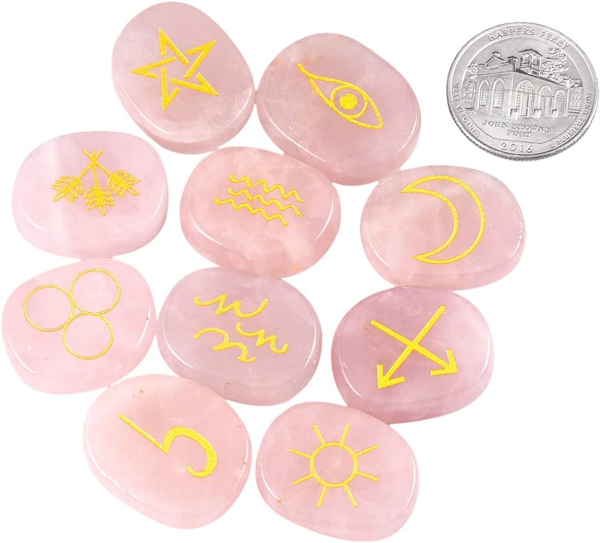 mookaitedecor Rose Quartz Witches Runes Set,Healing Crystal Palm Stone Engraved Gypsy Symbol for Meditation Divination - Image 3