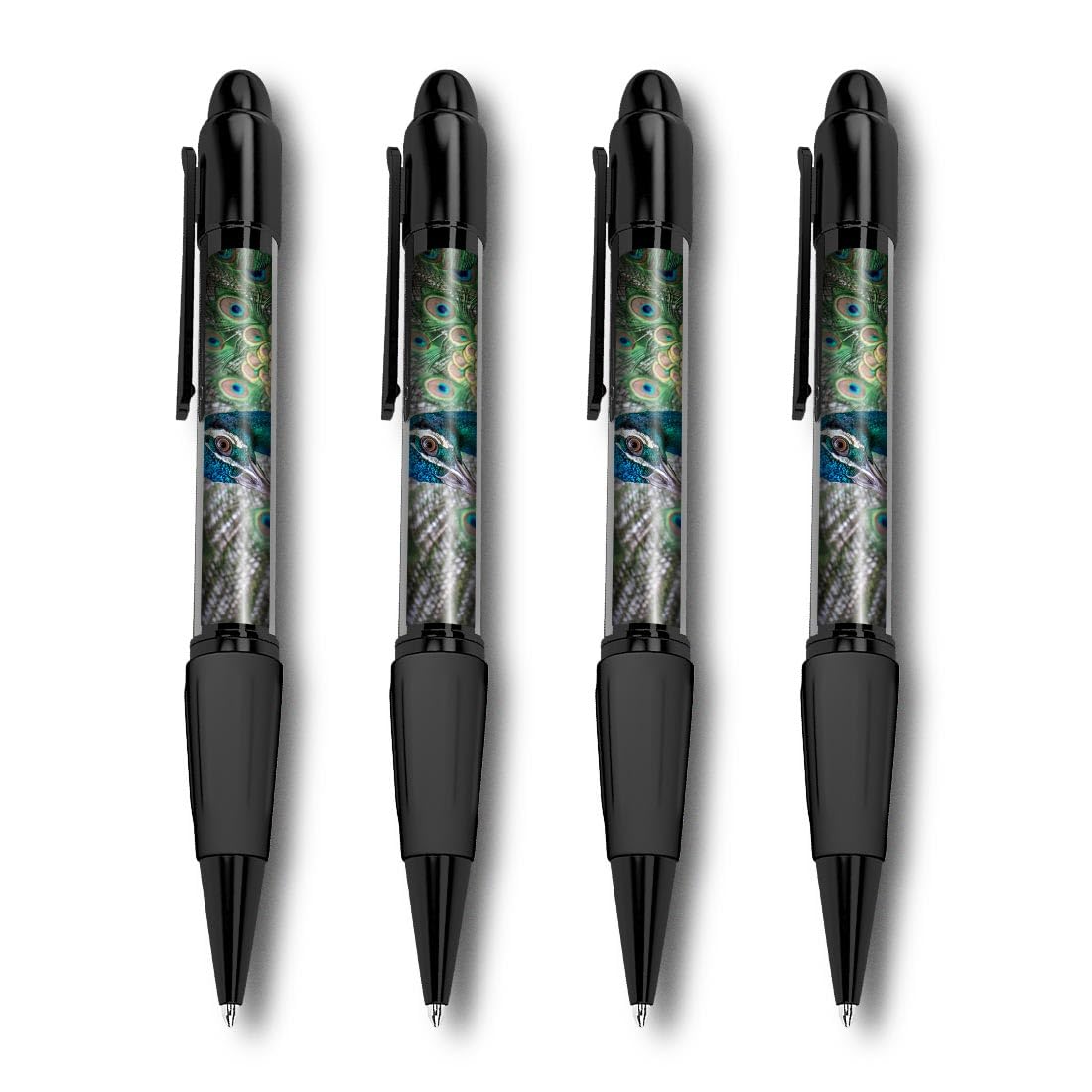 Set of 4 Black Ballpoint Pens (Photo Insert) - Majestic Blue Peacock Bird - Soft Feel Finger Grip #63191