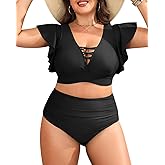 Plus Size Bikini Two Piece Swimsuit - Women High Waisted Tummy Control Bathing Suit with Sleeve Swimwear 2025