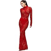 JUMISEE Women's Sexy See Through Floral Lace Maxi Dress Elegant Sheer Mock Neck Long Sleeve Evening Party Cocktail Dress