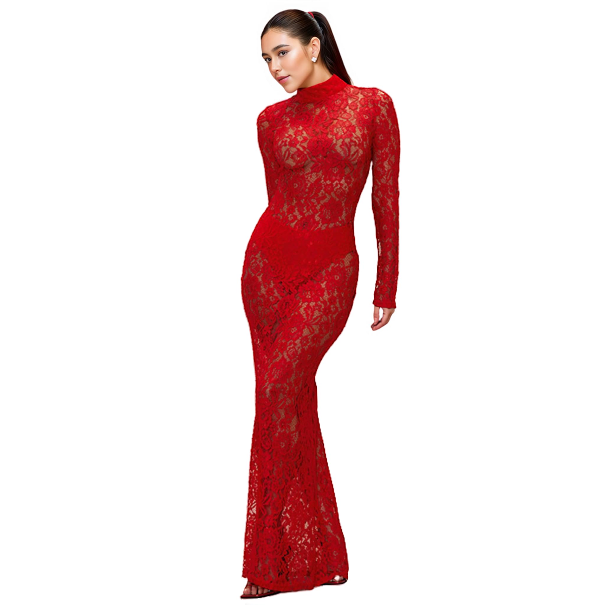 Photo 1 of *Minor Damaged - Check clerk notes*
JUMISEE Women's Sexy See Through Floral Lace Maxi Dress Elegant Sheer Mock Neck Long Sleeve Evening Party Cocktail Dress Red