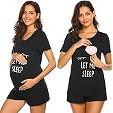 Ekouaer Women's Maternity Nursing Pajama Set Breastfeeding Sleepwear Set Double Layer Short Sleeve Top & Pants Pregnancy PJS Black Sleep L