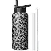 32oz Leopard Water Bottle with Handle and Flip Straw, Sports Stainless Steel Insulated Cup Travel Coffee Mug Tumbler, Birthday Mothers Day Chritmas Gifts for Women