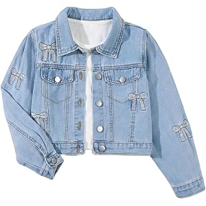 WDIRARA Girl's Bow Embroidered Denim Jacket Long Sleeve Button Down Jean Jacket Cute Outerwear