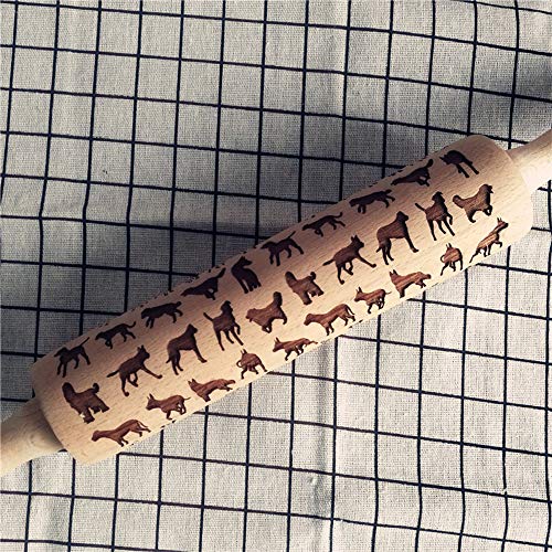 Transer Wooden Rolling Pins with Embossing, Natural Wood Cat Carved Engraved Rolling Pin for Baking Embossed Cookies, 15.2 Inches (Yellow - cat)
