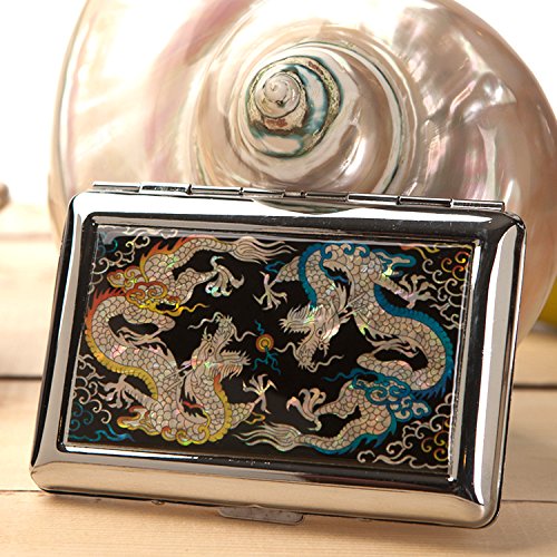Antique Alive Mother of Pearl Yellow and Blue Dragon Design Engraved Metal Stainless Steel Cigarette Holder Case Storage Box (C102) - Thumbnail 2